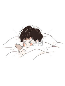 可爱小男孩躺在床上玩手机矢量插画