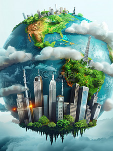 地球图标地球插画图片_地球上建筑物工厂植物素材