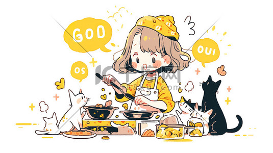 柴火做饭插画图片_可爱女孩在厨房做饭卡通素材
