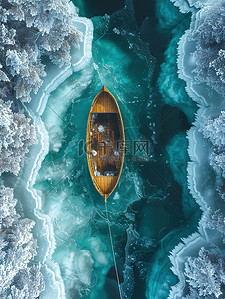 冰湖中心有一艘小船插图