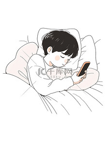 线条手机插画图片_可爱小男孩躺在床上玩手机插图