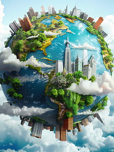 地球图标地球插画图片_地球上建筑物工厂植物原创插画