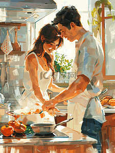 情侣做饭插画图片_年轻夫妻在厨房一起备菜