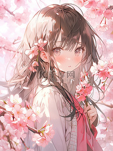 动漫樱花插画图片_女孩站在盛开的粉红色樱花下插画