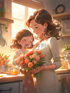 简笔画妈妈黑白插画图片_女儿送花给妈妈母亲节素材