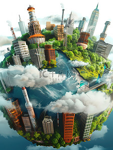 地球仪印章插画图片_地球上建筑物工厂植物插画海报