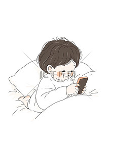 线条手机插画图片_可爱小男孩躺在床上玩手机插图