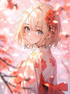 女孩站在盛开的粉红色樱花下插画海报