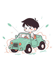 驾驶路线插画图片_可爱的男孩驾驶汽车插画设计
