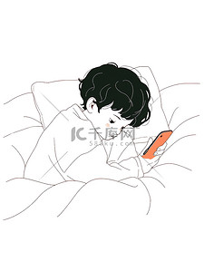 线条手机插画图片_可爱小男孩躺在床上玩手机图片