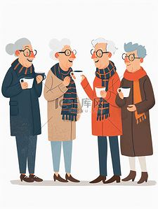 退休爱党插画图片_快乐的老年人喝茶聊天