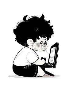 男孩在电脑前工作插画