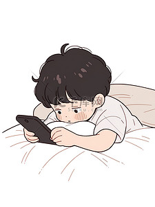 手机海报插画图片_可爱小男孩躺在床上玩手机插画海报