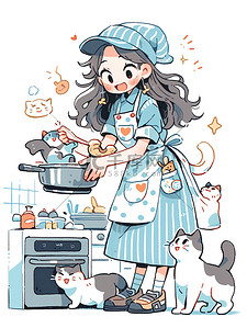 生火做饭插画图片_浅蓝色连衣裙可爱女孩做饭素材