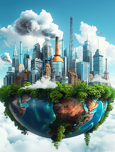 地球绘画插画图片_地球上建筑物工厂植物插画海报