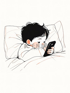 手机线条插画图片_可爱小男孩躺在床上玩手机插画素材