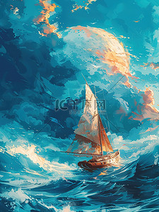 白云中的插画图片_大海中的帆船插画