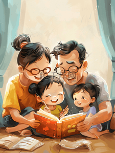 开心快乐插画图片_快乐一家人看书