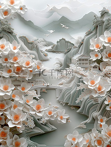 鲜花和山脉纸艺东方风格插画素材