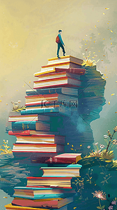 书本合上插画图片_一个男生站在叠起的书堆上