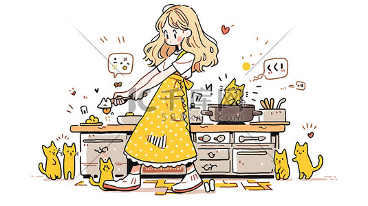 可爱女孩在厨房做饭卡通原创插画