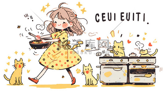 卡通女孩在插画图片_可爱女孩在厨房做饭卡通插画设计