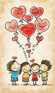 红心插画图片_一群孩子在思考拥抱的蜡笔画