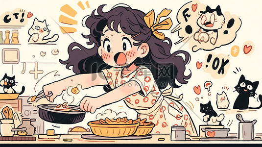卡通女孩在插画图片_可爱女孩在厨房做饭卡通插画