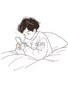 手机线条插画图片_可爱小男孩躺在床上玩手机插画图片