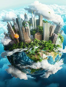 地球图标地球插画图片_地球上建筑物工厂植物插画设计