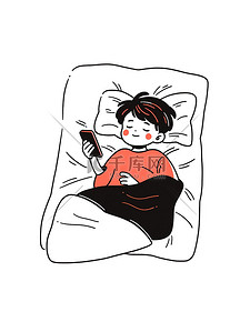 线条手机插画图片_可爱小男孩躺在床上玩手机素材