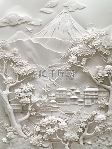 鲜花和山脉纸艺东方风格插画图片