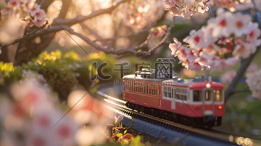 樱花小火车插画图片_樱花中的小火车