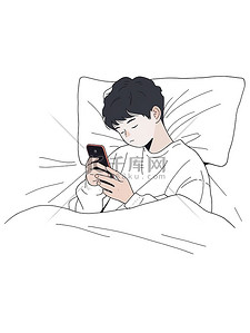 手机线条插画图片_可爱小男孩躺在床上玩手机矢量插画