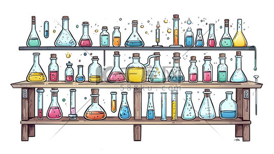 化学液体插画图片_化学工作台手绘图卡通风格插画海报