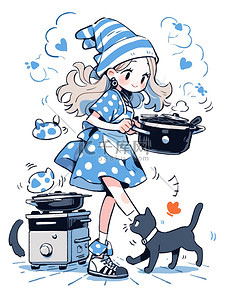 浅蓝色展板插画图片_浅蓝色连衣裙可爱女孩做饭插画设计