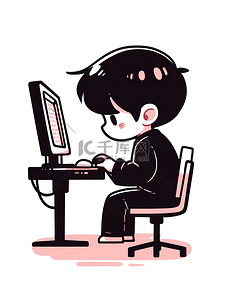 开心不开心插画图片_男孩在电脑前工作素材