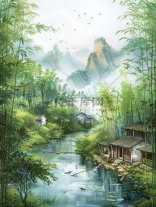 宁静的村庄竹林农舍图片