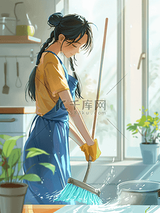 打扫房间插画图片_亚洲人打扫房间的家政服务人员