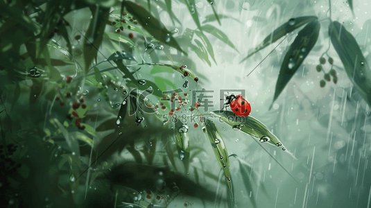 瓢虫昆虫插画图片_雨季下雨树叶水珠七星瓢虫的插画2