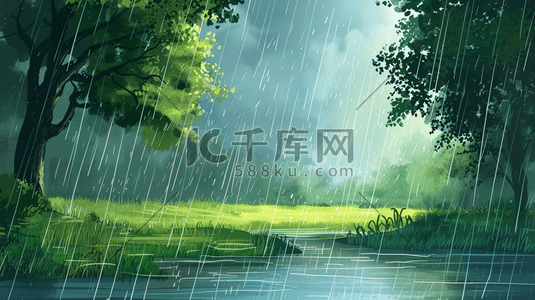 雨季下雨户外风景树木河流景色的插画8