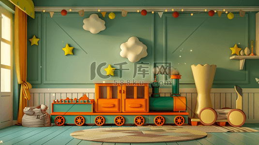 彩色碎片丝带背景插画图片_彩色卡通儿童房间小火车的插画5