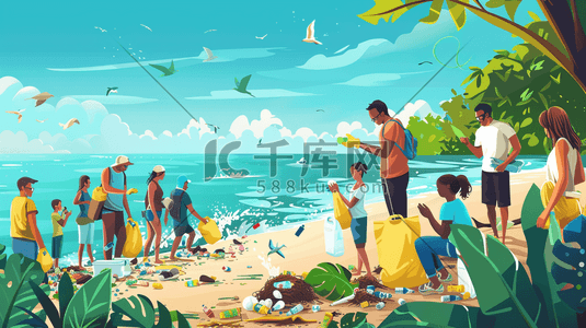 垃圾分类插画图片_彩色手绘海边沙滩游客度假垃圾的插画2