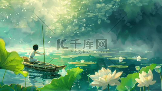 彩色国画绘画风景河面上小孩撑船的插画2