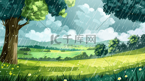 雨季下雨户外风景树木河流景色的插画26