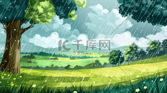 雨季插画图片_雨季下雨户外风景树木河流景色的插画26