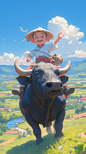 小童短裤插画图片_清明节山上放牛的小童手绘插画