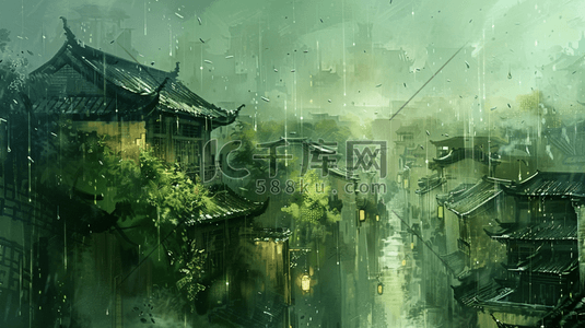 雨季下雨古风古建筑房屋的插画19