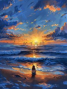 大海落日插画图片_海边观落日海洋