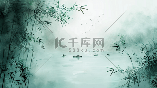 绿色风景河面山竹林小船的插画11